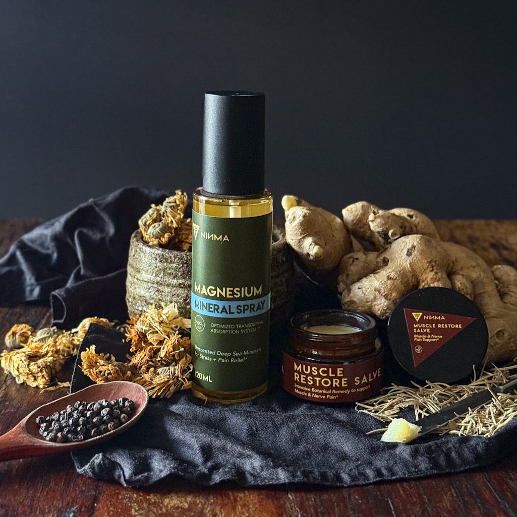 Bottle of magnesium spray on a dark surface with natural elements